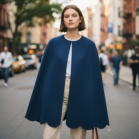 Valentino Wool Blend Cape Peacock Blue Scalloped Hem Size 42 NWT - Picture 2 of 8